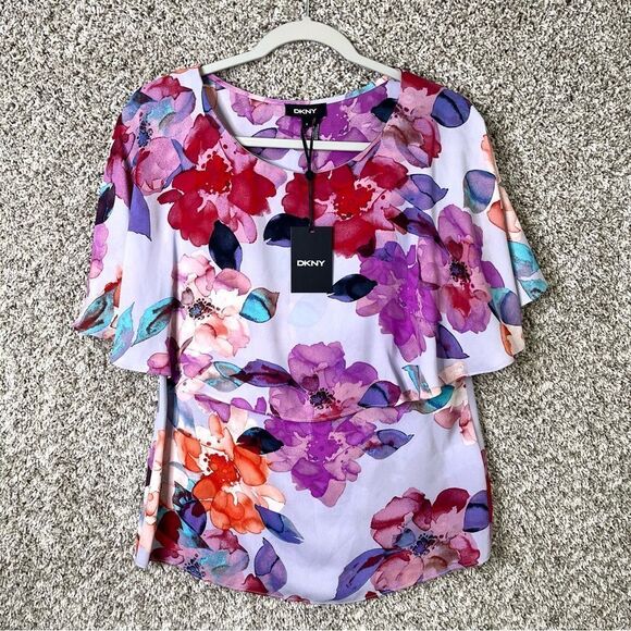 DKNY Top Women’s Small Floral Print Flowy Chiffon Short Sleeve NWT - Picture 1 of 5
